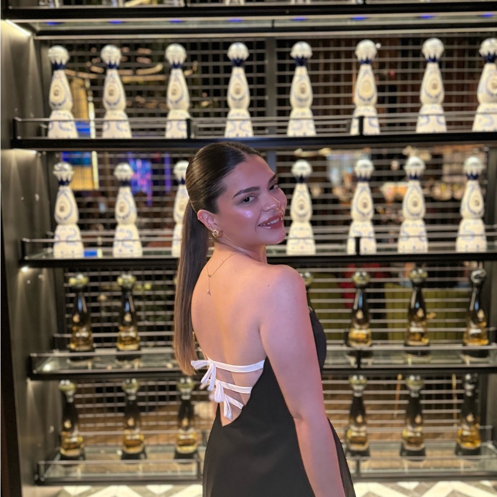 Elegant Black Strapless Dress with White Bow Back- Meshki